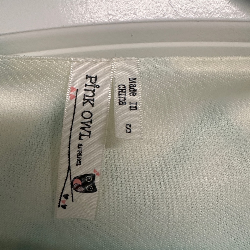 Pink Owl dress, teal and cream chevron, size small